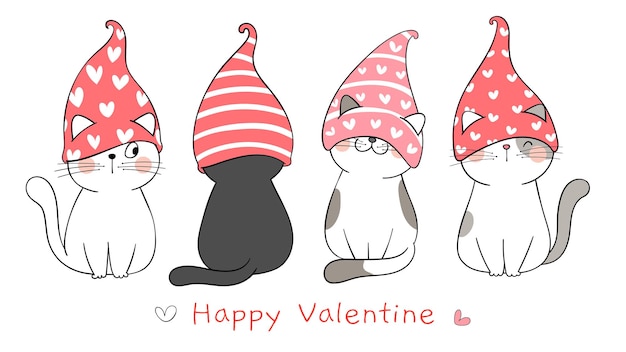 Dessinez Un Chat Mignon Avec Un Chapeau De Gnome Pour La Saint-valentin