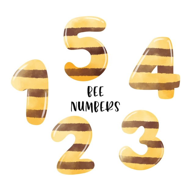 Vecteur dessinez les numéros d'abeilles de l'alphabet de collection un à cinq