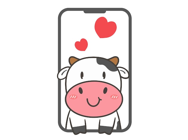 Dessinez une vache mignonne amoureuse de smartphone pour la Saint-Valentin