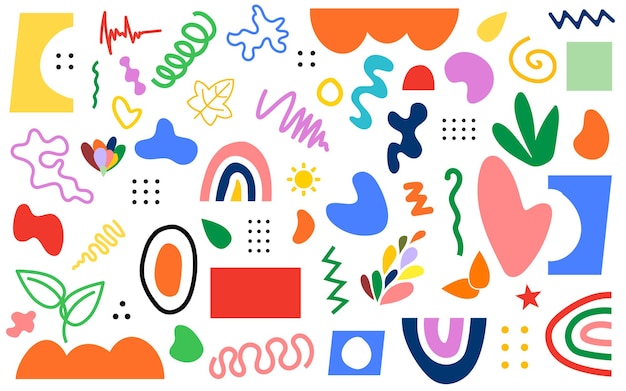 Des dessins abstraits, des formes dessinées à la main, des décors colorés, des dessins organiques enfantins, des éléments géométriques.