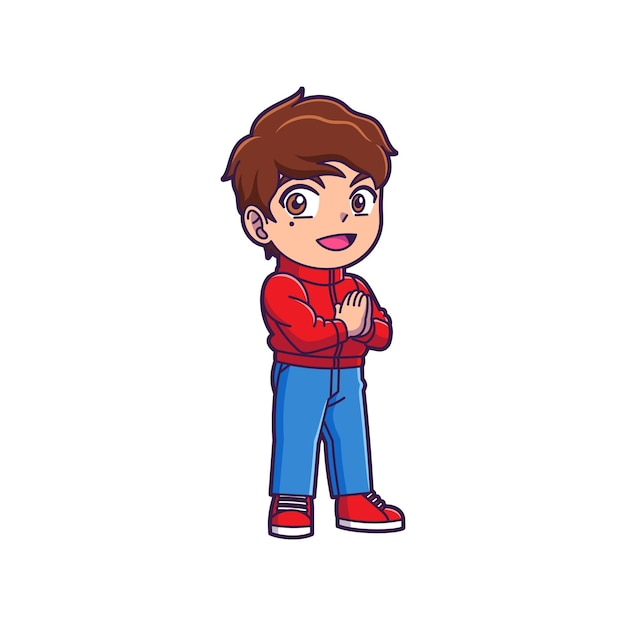 Vecteur des dessins animés d'adolescents mignons donnant des salutations design de mascotte homme mignonne portant une veste rouge avec des cheveux ondulés