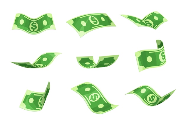 Des dessins animés de billets de banque volants, de billets en dollars.