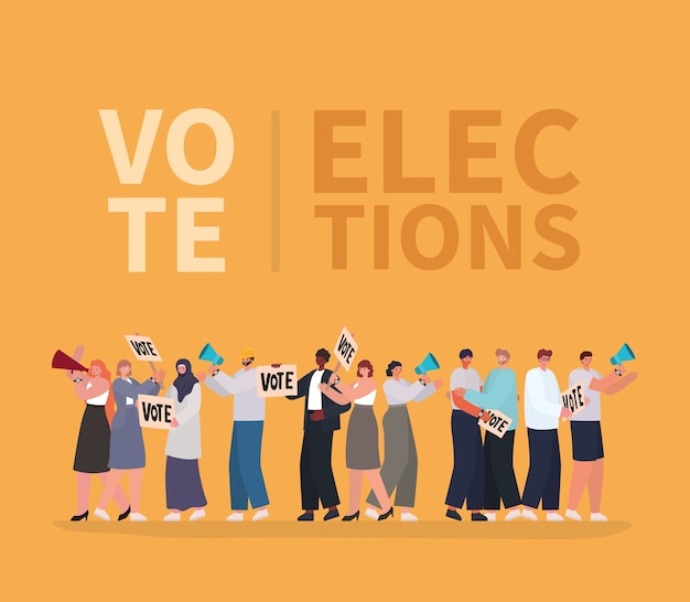 Dessins Animés De Femmes Et D'hommes Avec Des Pancartes De Vote Et Des Mégaphones Sur La Conception De Fond Orange, Thème De La Journée Des élections De Vote.