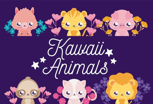 Dessins Animés Et Fleurs D'animaux Kawaii