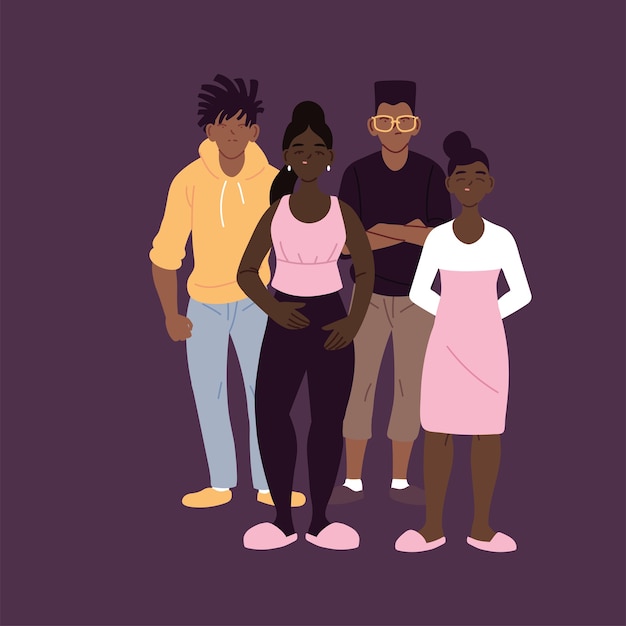 Vecteur dessins animés de garçons et de filles noirs avec style urbain, race multiethnique de personnes de diversité et illustration de thème multiculturel