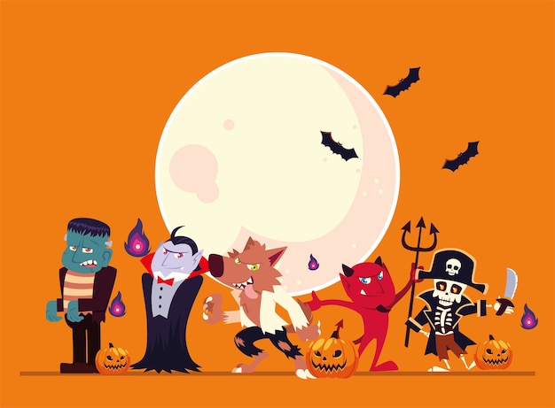 Vecteur dessins animés d'halloween avec la conception de la lune et des chauves-souris, thème de vacances et effrayant