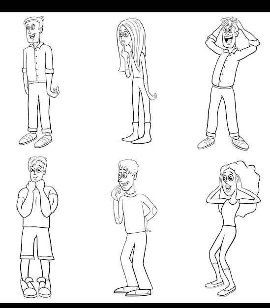 Vecteur dessins animés surpris jeunes personnages set page de coloriage