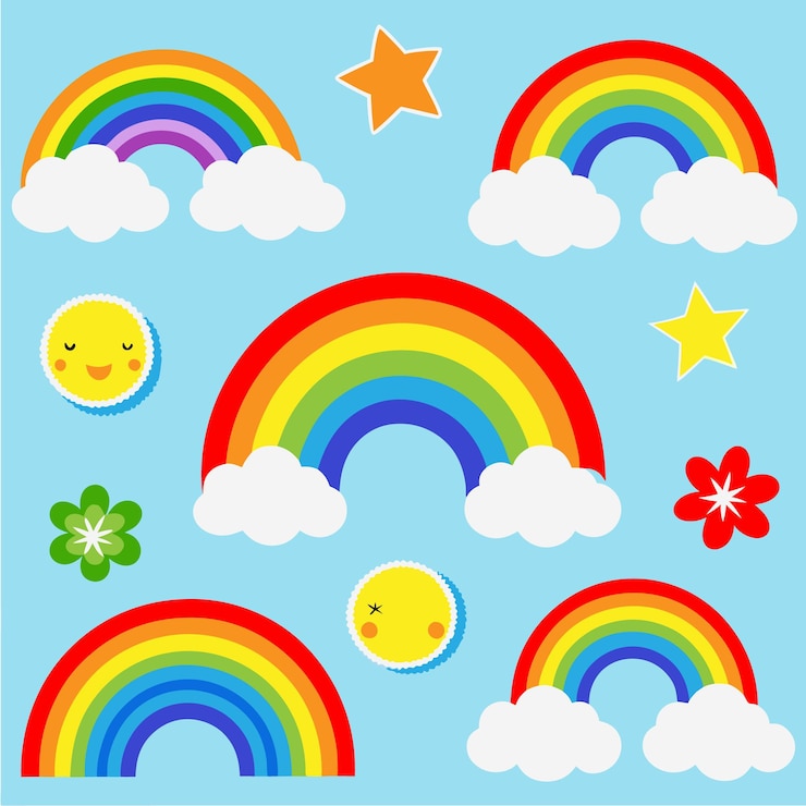 Vecteur des dessins d'arc-en-ciel ludiques avec des nuages et des étoiles pour la décoration des enfants et l'art numérique