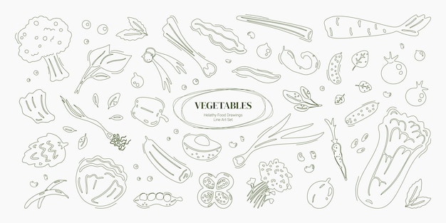 Des dessins d'art en ligne de légumes verts avec des choux, du brocoli et d'autres symboles et autocollants de légumes
