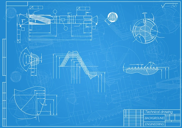 Vecteur dessins de génie mécanique sur fond bleu outils de taraudage alésoir conception technique couverture plan directeur illustration vectorielle