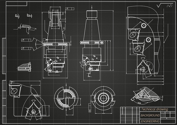 Vecteur dessins de génie mécanique sur fond noir outils de robinet foreur conception technique couverture blueprint illustration vectorielle