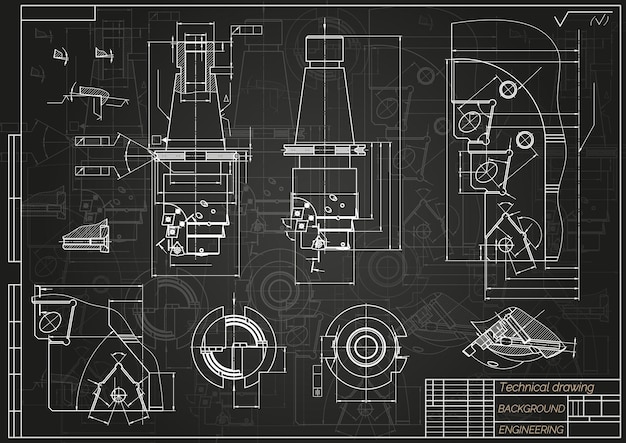 Vecteur dessins de génie mécanique sur fond noir outils de robinet foreur conception technique plan de couverture
