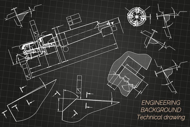 Vecteur dessins de génie mécanique sur fond noir outils de robinet foreur conception technique plan de couverture