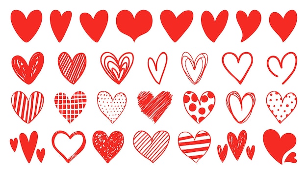 Vecteur dessins d'icônes en forme de coeur rouge plat, doodle et croquis. symbole abstrait emoji romantique. ensemble de vecteurs de coeurs de mariage et de saint valentin dessinés à la main