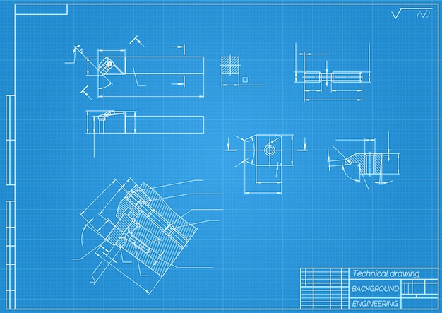 Vecteur dessins d'ingénierie mécanique sur fond bleu outil d'assemblage de coupe avec plaque multifacettes remplaçable conception technique couverture plan illustration vectorielle