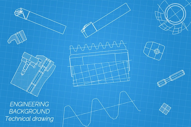 Vecteur dessins d'ingénierie mécanique sur fond bleu outils de robinet outils de coupe de foreur fraise conception technique couverture plan illustration vectorielle