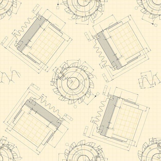 Vecteur des dessins d'ingénierie mécanique sur fond clair outils de coupe coupe de fraisage conception technique plan de couverture motif sans couture illustration vectorielle