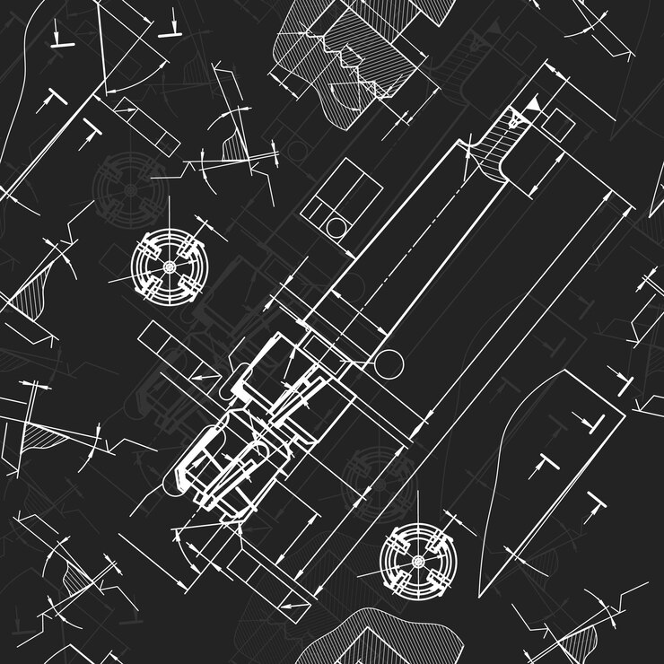 Vecteur des dessins d'ingénierie mécanique sur fond noir outils de robinet perleur conception technique plan de couverture motif sans couture illustration vectorielle
