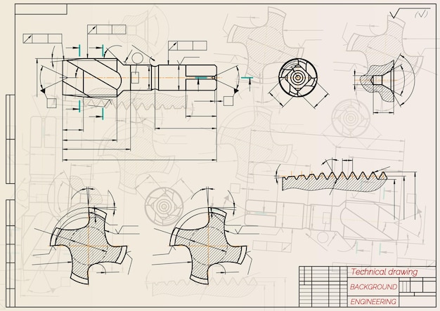 Vecteur dessins d'ingénierie mécanique sur fond sépia outils de taraudage foreur conception technique couverture plan directeur illustration vectorielle