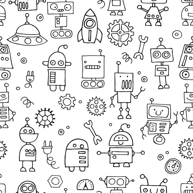 Dessins De Modèle Sans Couture Dans Le Style Doodle Illustration Simple De Robots Mignons Pour Les Enfants