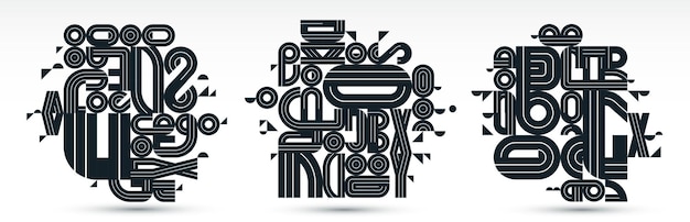Des dessins vectoriels modernes abstraits à la mode, des formes géométriques décorées, des compositions élégantes, des motifs modulaires en noir et blanc, des illustrations artistiques, des lettres typographiques, des éléments utilisés.