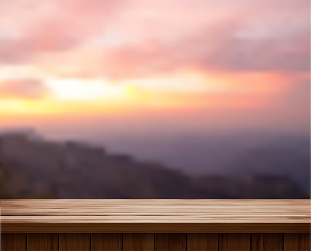 Dessus De Table En Bois Et Floue De Paysage De Montagne