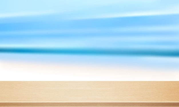 Vecteur dessus de table en bois sur fond de plage floue concept d'été réaliste de vecteur