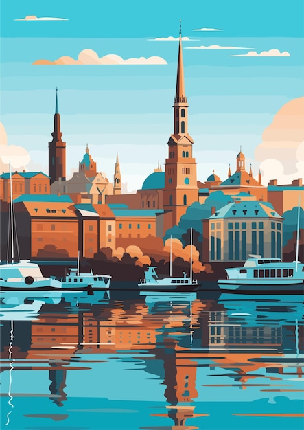 Vecteur destination de voyage à stockholm en suède concept de vacances imprimé vintage