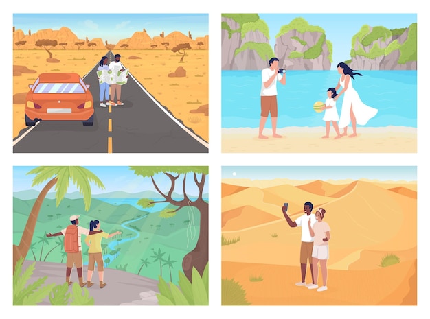 Destinations De Voyage Avec Amis Et Amoureux Jeu D'illustrations Vectorielles Couleur Plat