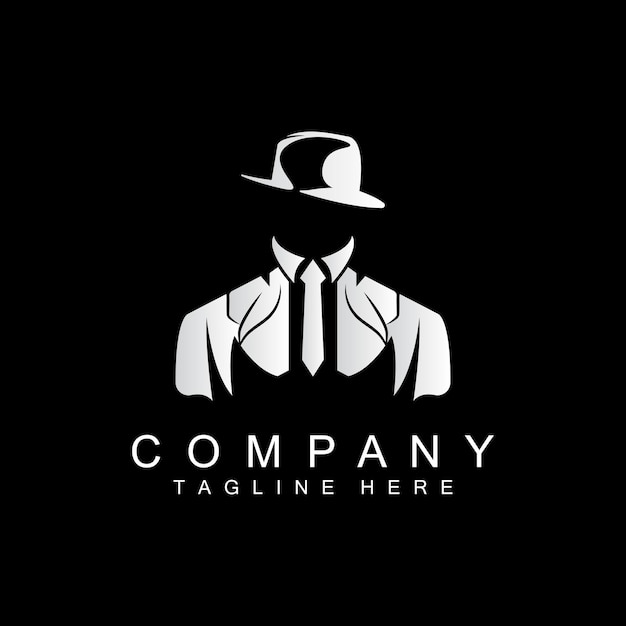 Detective Man Logo Design Mafia Detective Fashion Tuxedo And Hat Illustration Vector BlackMan Business Icon