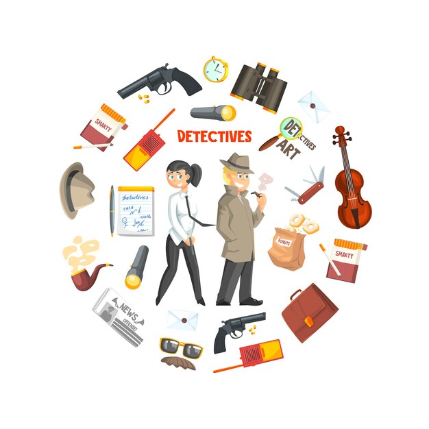 Détective privé modèle de bannière Agence de détective Détectives d'investigation du crime Enquêteurs avec équipement en forme circulaire Illustration vectorielle Design Web