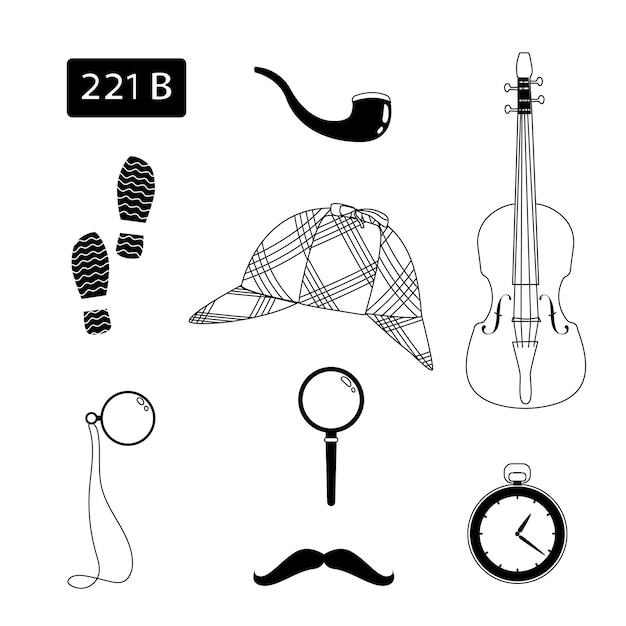 Vecteur détective sherlock holmes set illustration, dessin au trait, noir et blanc, chapeau, silhouette, loupe