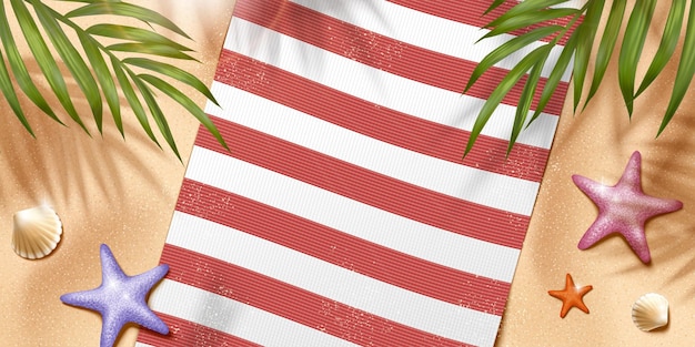 Vecteur détendez-vous sur la plage d'été avec une couverture et des feuilles de palmier en illustration 3d, angle de vue de dessus