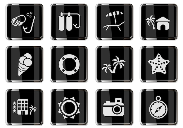 Vecteur détente sur les pictogrammes de plage en boutons chromés noirs. jeu d'icônes pour votre conception. icônes vectorielles