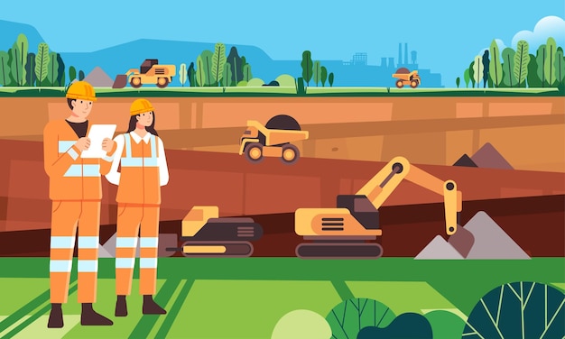 Deux agents de projet contrôlent la situation à la mine avec des tablettes sur l'industrie de la mine de charbon paysage vert respectueux de l'environnement
