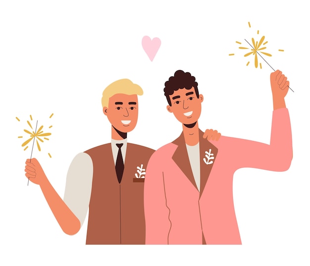 Deux amants homosexuels. Mariage LGBT. Beaux mecs avec des fleurs avec des cierges magiques en smoking