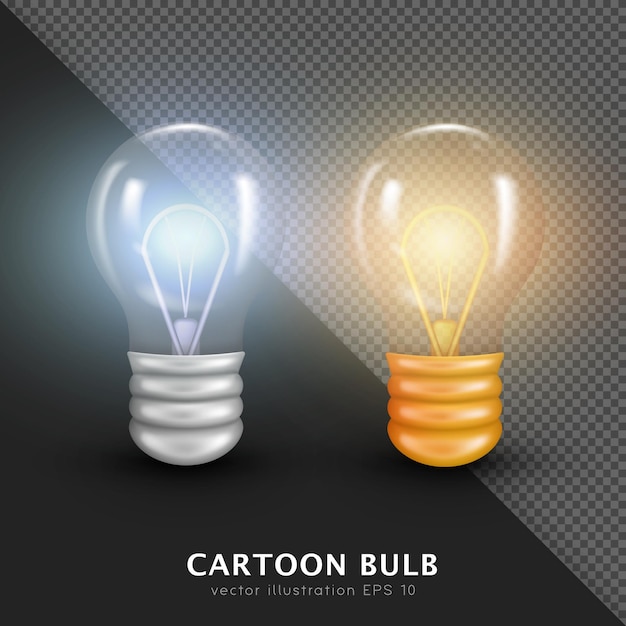 Deux ampoules à incandescence lumineuses 3d. Dessin animé transparent allumé rétro ampoules. Lampes réalistes