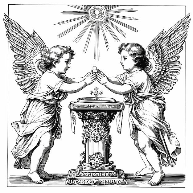 Vecteur deux anges ou chérubins prient à l'autel.