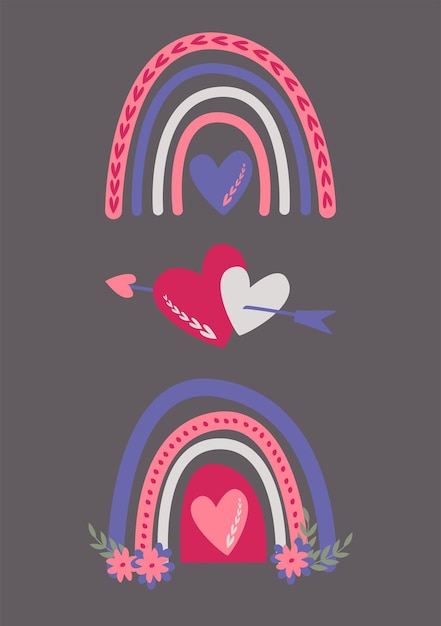 Deux Arcs-en-ciel Et Un Coeur Avec Une Flèche. Image Vectorielle Dans Un Style Bohème. La Saint-valentin. Une Carte De Voeux Avec Une Déclaration D'amour.