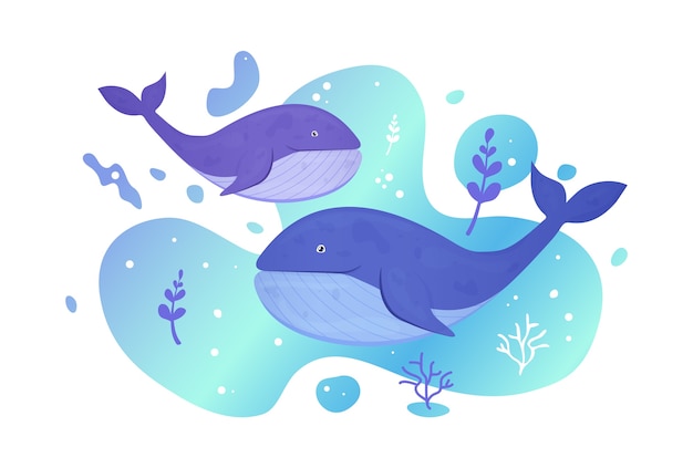 Deux Baleines Dans La Mer. Poissons De L'océan. Vie Sauvage Marine Sous-marine. Illustration.