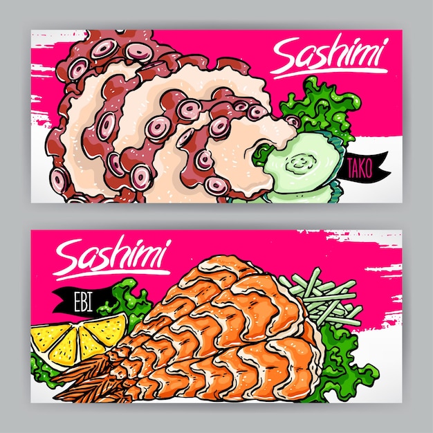 Deux Bannières Avec Différents Types De Sashimi. Crevettes Et Poulpe. Illustration Dessinée à La Main