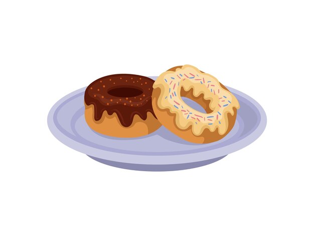 Vecteur deux beignets sucrés avec glaçage au chocolat et à la vanille sur plaque bleue délicieux en-cas repas pour le petit déjeuner thème alimentaire illustration dans un style plat isolé sur fond blanc dessin vectoriel de dessin animé