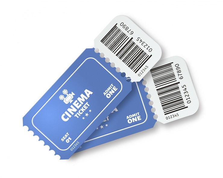Vecteur deux billets de cinéma. film admettre un billet papier bleu avec un concept d'ombre réaliste. bons avec codes barres. coupons avec éléments détachables. événement passer des échantillons. identification numérique