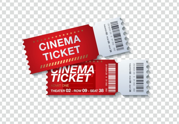 Deux billets de cinéma isolés sur fond transparent. Illustration réaliste de la façade