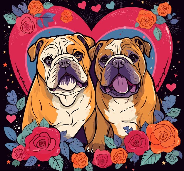 Vecteur deux bouledogues amoureux de roses roses et d'un cœur