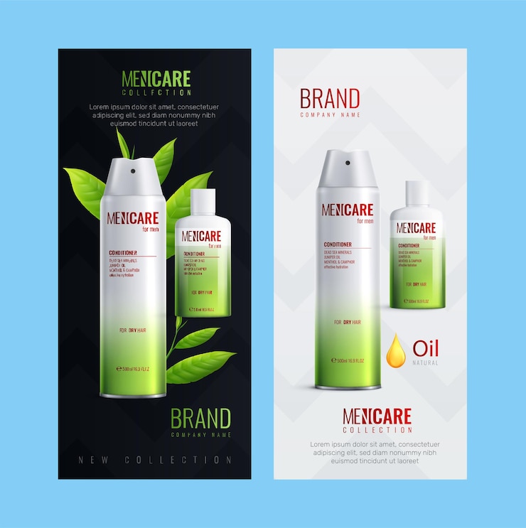 Vecteur deux bouteilles de cosmétiques masculins verticales avec des bannières réalistes