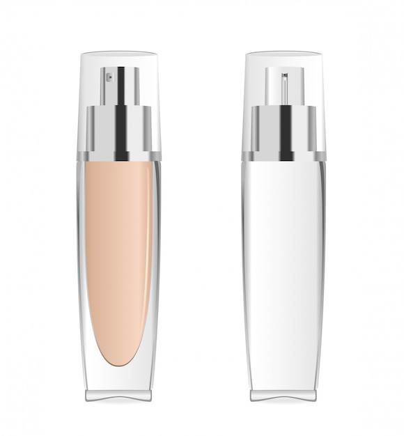 Deux bouteilles cosmétiques transparentes avec bouchons en argent.