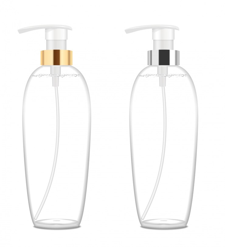 Deux bouteilles cosmétiques transparentes avec pompe.