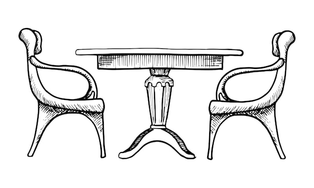 Deux Chaises Et Une Table. Illustration Vectorielle Dans Un Style De Croquis.