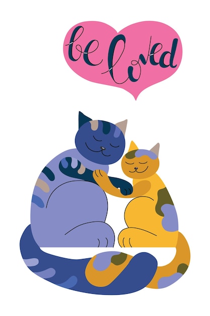 Vecteur deux chats mignons étreignent des personnages de dessins animés d'animaux coeur avec des mains d'inscription être aimé